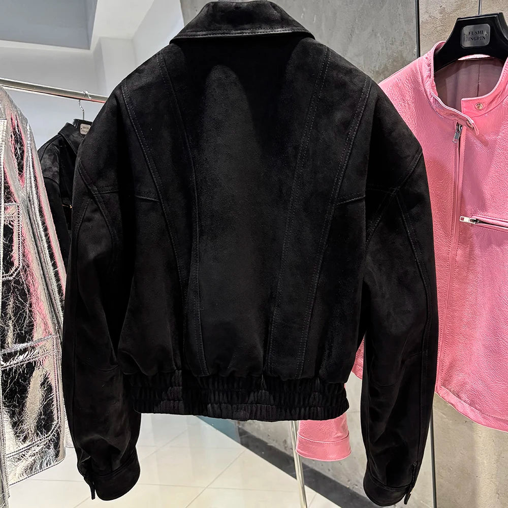 YOLOAgain 2025 Autumn Oversized Suede Jacket Women Real Leather Bomber Jacket Female
