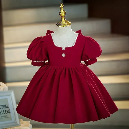 2025 Red Dress For Children Formal Party Dresses For Baby Girl ClothesKids With Big Bow Girls Teenagers Beading Plain Ball Gown