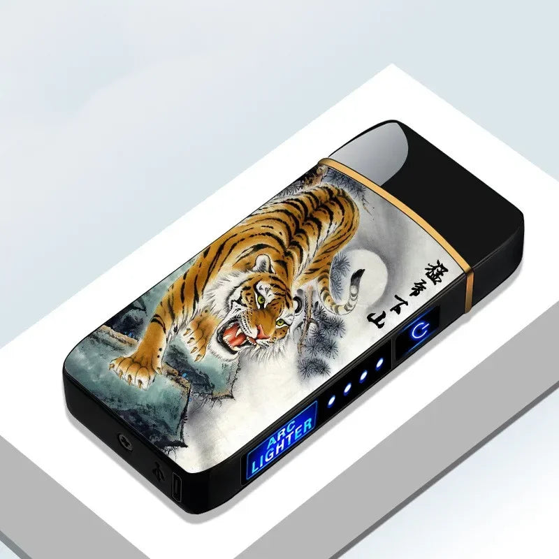 Hot Electric Windproof Metal Lighter Double Arc Plasma Flameless Rechargeable USB Lighter LED Power Display Touch Sensor Lighter