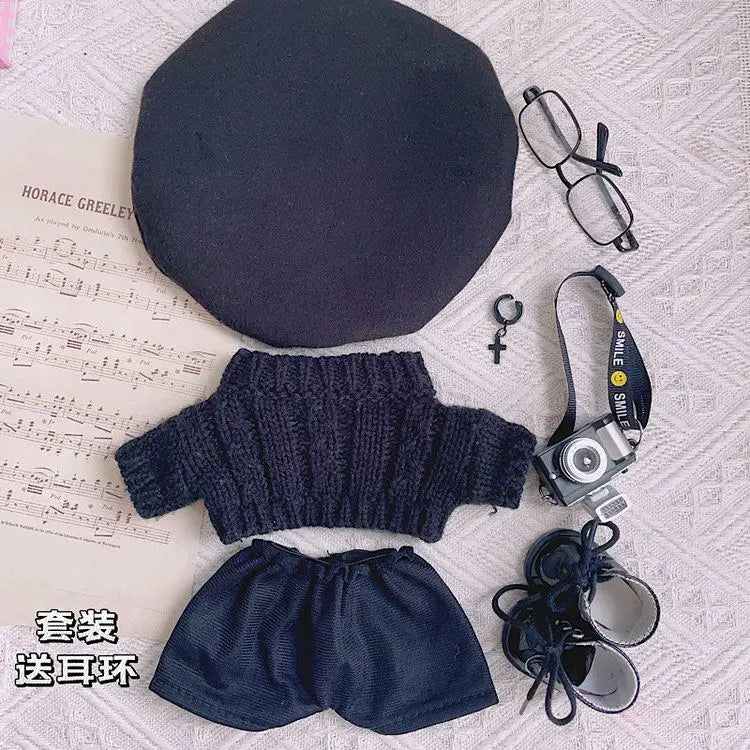 20cm baby clothes black beret black sweater set autumn and winter cool cotton doll clothes fat body can wear