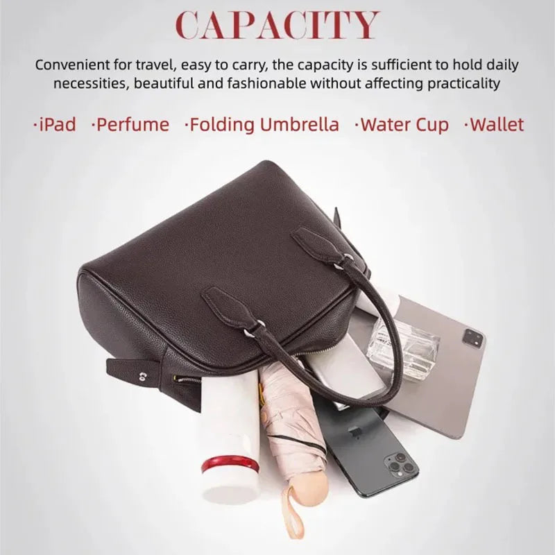 New Women's Handbag, Simple Casual Bag, Large-Capacity Briefcase, Fashionable Commuter Tote Bag, Retro-Style Water-Repellent Bowling Bag
