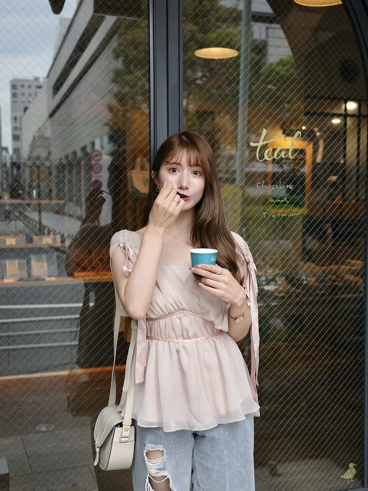Women's Tops Summer Bow Tie Sweet Elegant Blouse Femme V Neck Shirt Waist-Cinching Japanese Style Sleeveless Chiffon Blouse