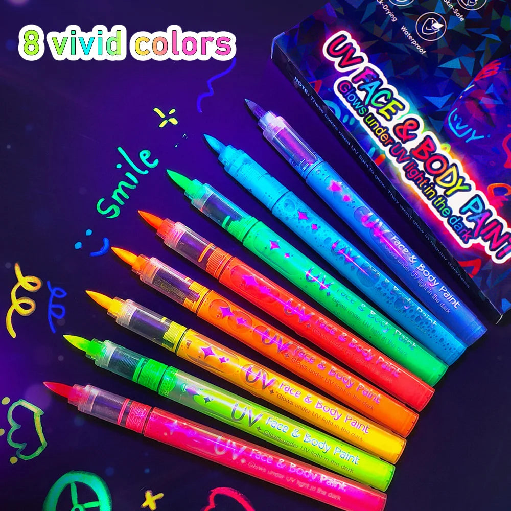 8 Glow in the Dark Body Paint UV Neon Face Paint Pens with 93 Tattoo Stencil Designs for Halloween Carnival Christmas Festival