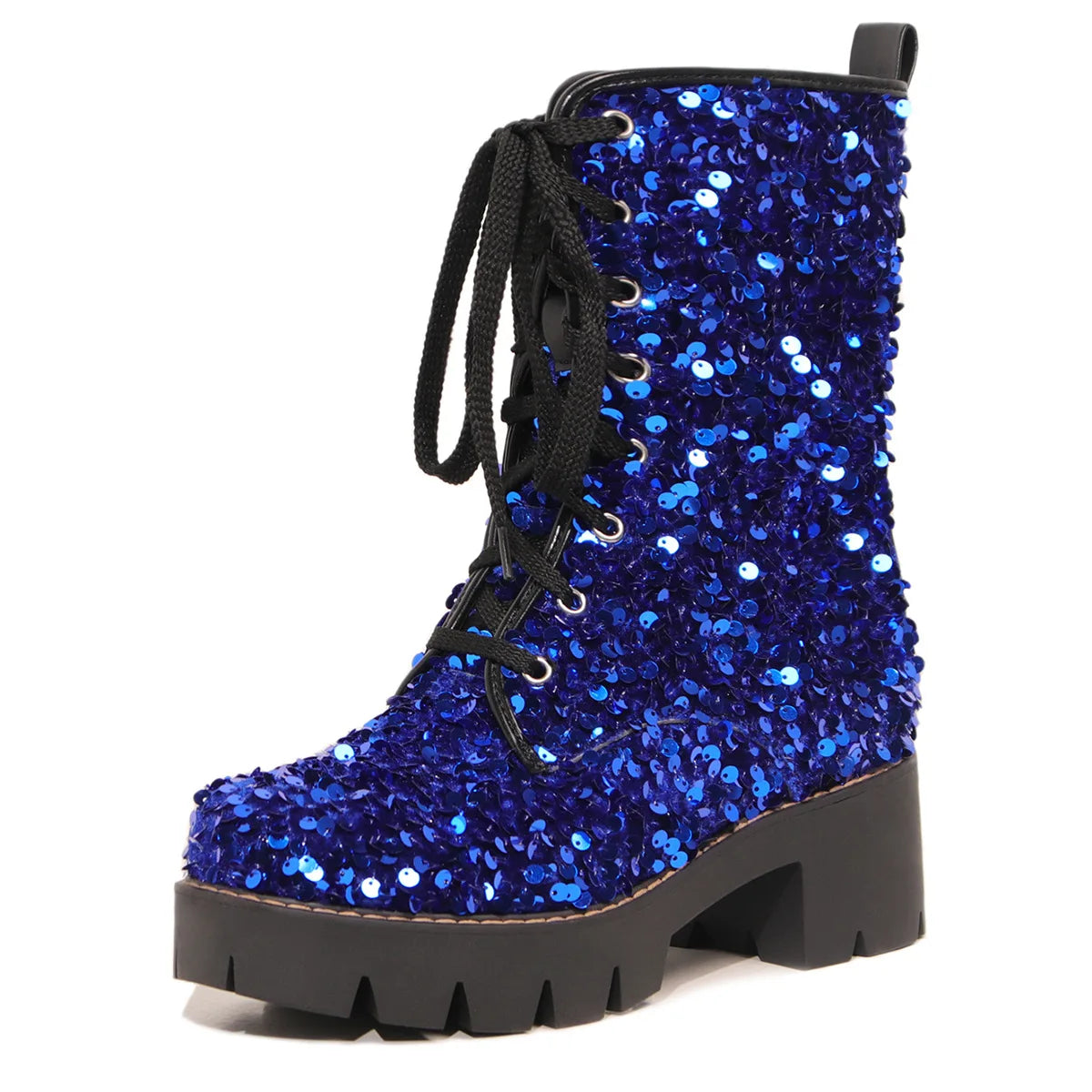 2025 New Fashion Women Shoes Front Lace Up Sequin Short Boots Coarse Heel Stage Show Ankle Boots Ladies Party Casual Short Boots