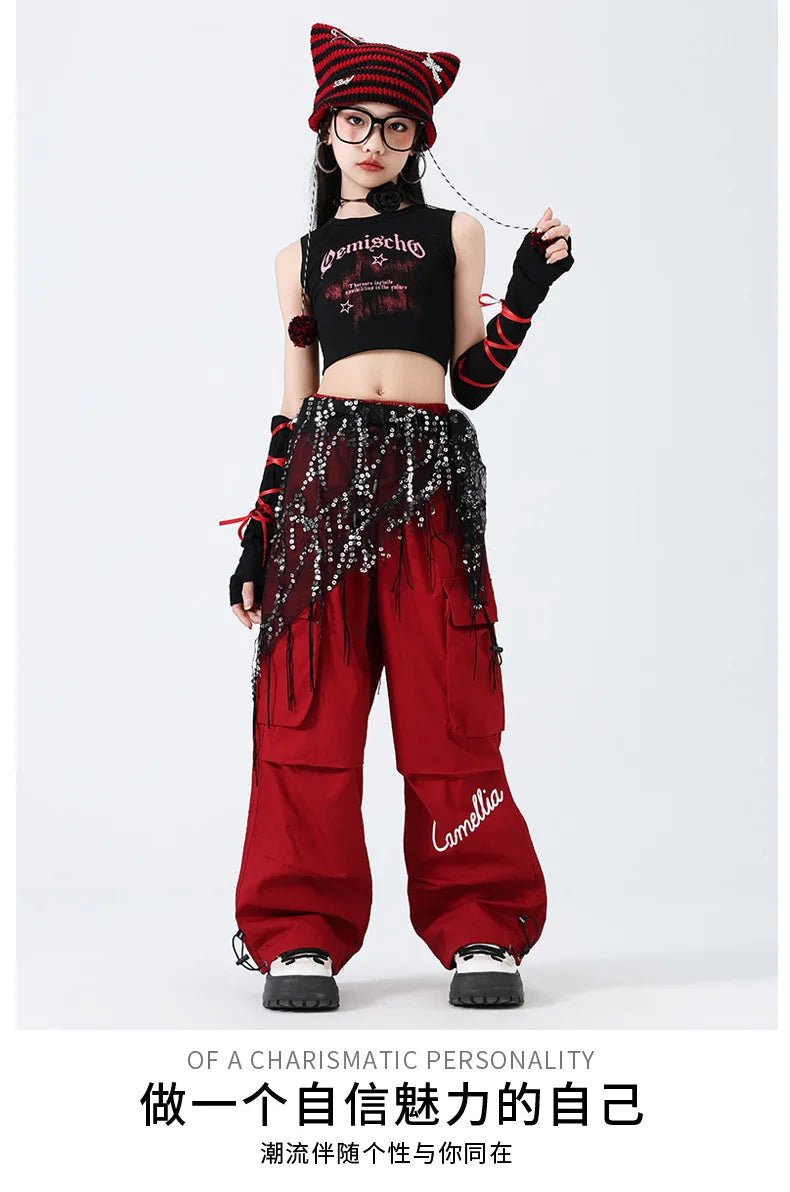 Hip Hop Sweet Girls Crop Top Street Dance Sweat Pants Jazz Girl Group Clothes Sets Kids K-pop Costumes Children Teens Streetwear