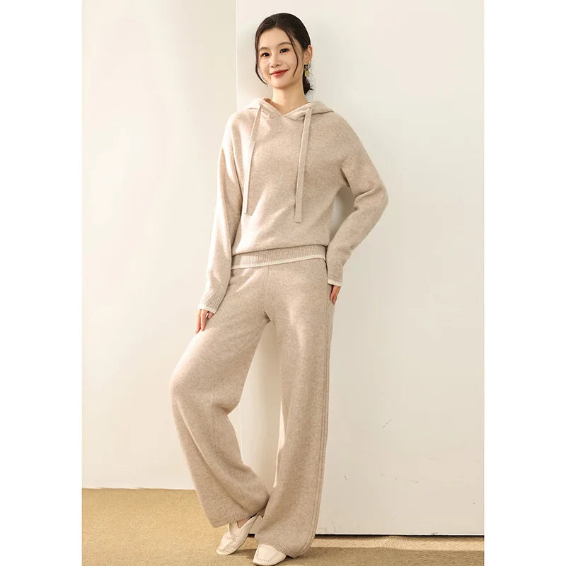 Autumn And Winter New 100 Pure Wool Suit Women Hooded Sweater Wide-Leg Pants Casual Knitting Two-Piece Suit