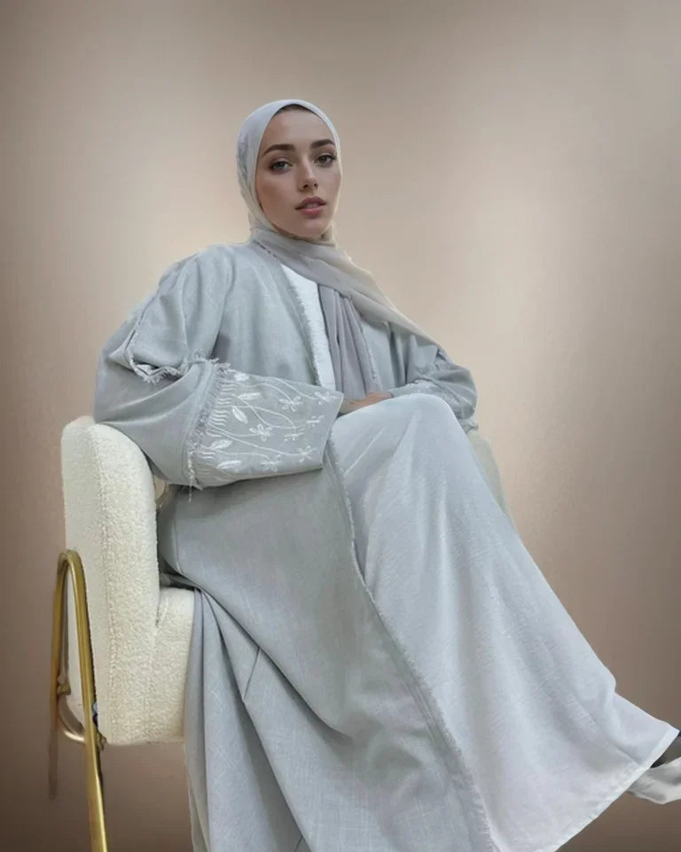 2025 Islamic Muslim Women's Light Gray Abaya with White Embroidery on Sleeves Loose Fit Ideal for Middle East Daily Wear Ramadan