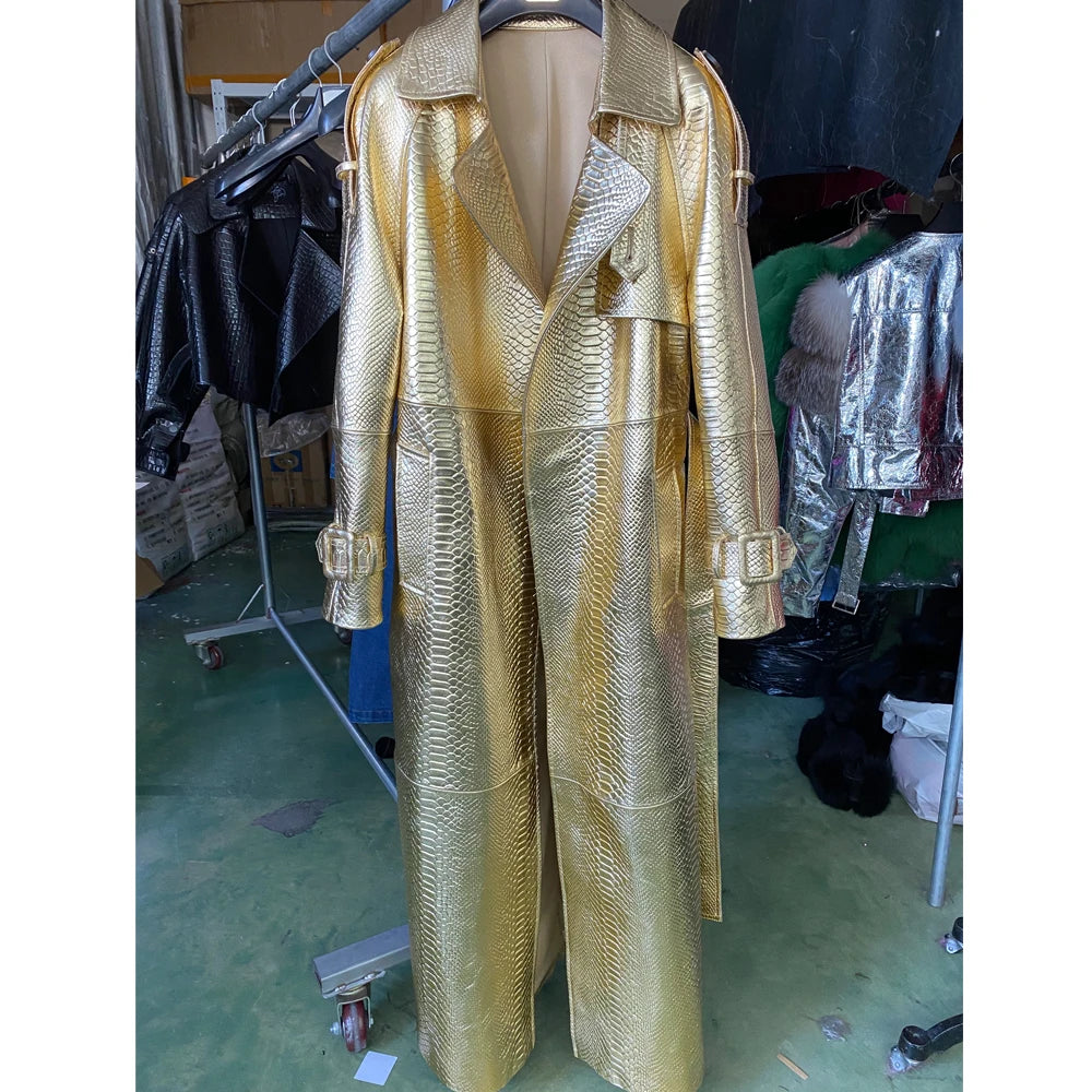 Gold Leather Coat Long Ladies Real Sheepskin Coat Genuine Sheep Leather Windbreak Long 21018