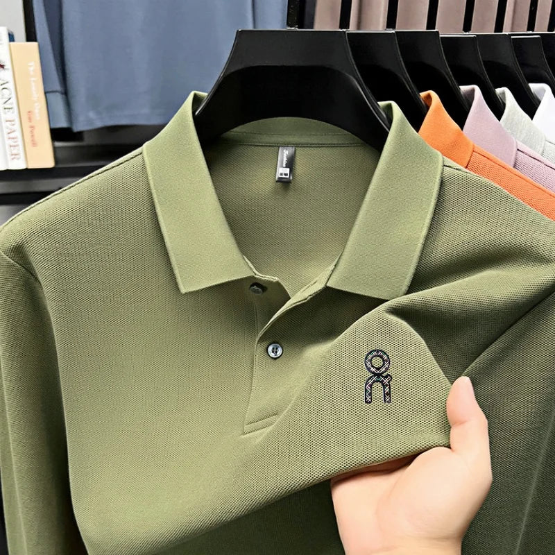 100% pure cotton polo shirt long sleeved men's brand fashionable embossed T-shirt sports breathable spring autumn casual new top