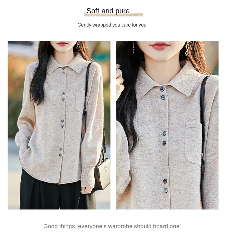POLO Collar Wool Sweater 100 Pure Wool Spring And Autumn New Knitted Women Loose And Slimming Cardigan ZA682