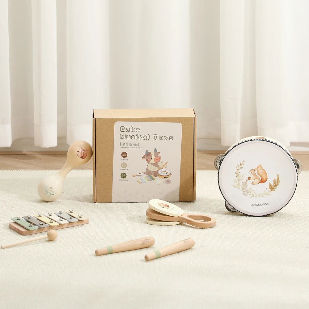 Montessori Musical Instruments for Children Wooden Baby Toys Child Musical Instrument Toddler Toys Squirrel Instrument Sets Gift