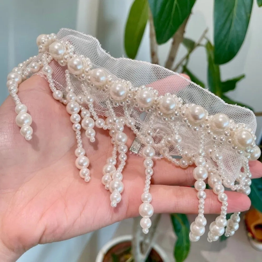 Neck Pendant White Pearl Lace Choker Alloy Creative Tassel Beads Necklace French Style Collarbone Chain Mesh Neck Jewelry Women
