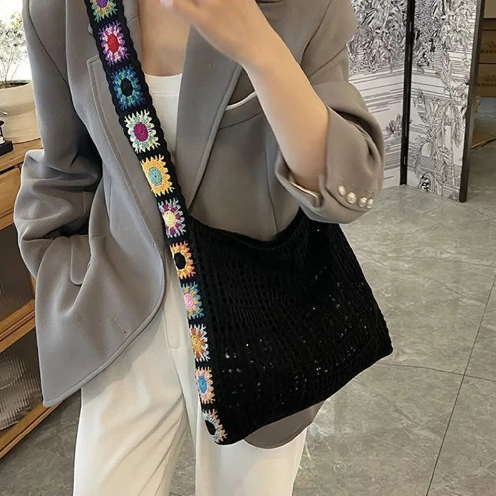 Fashion Large Capacity Women Shoulder Bag Floral Crochet Vintage Handbag Boho Hollow Out Knitted Crossbody Bags