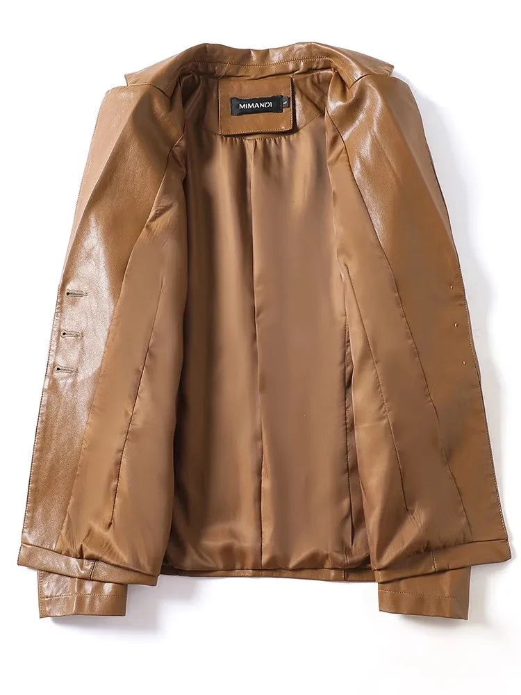 2024 New Women's Sheepskin Leather Jackets Fashion Lapel Collar Single-breasted Office Ladies Slim Casual Short Blazer Coats