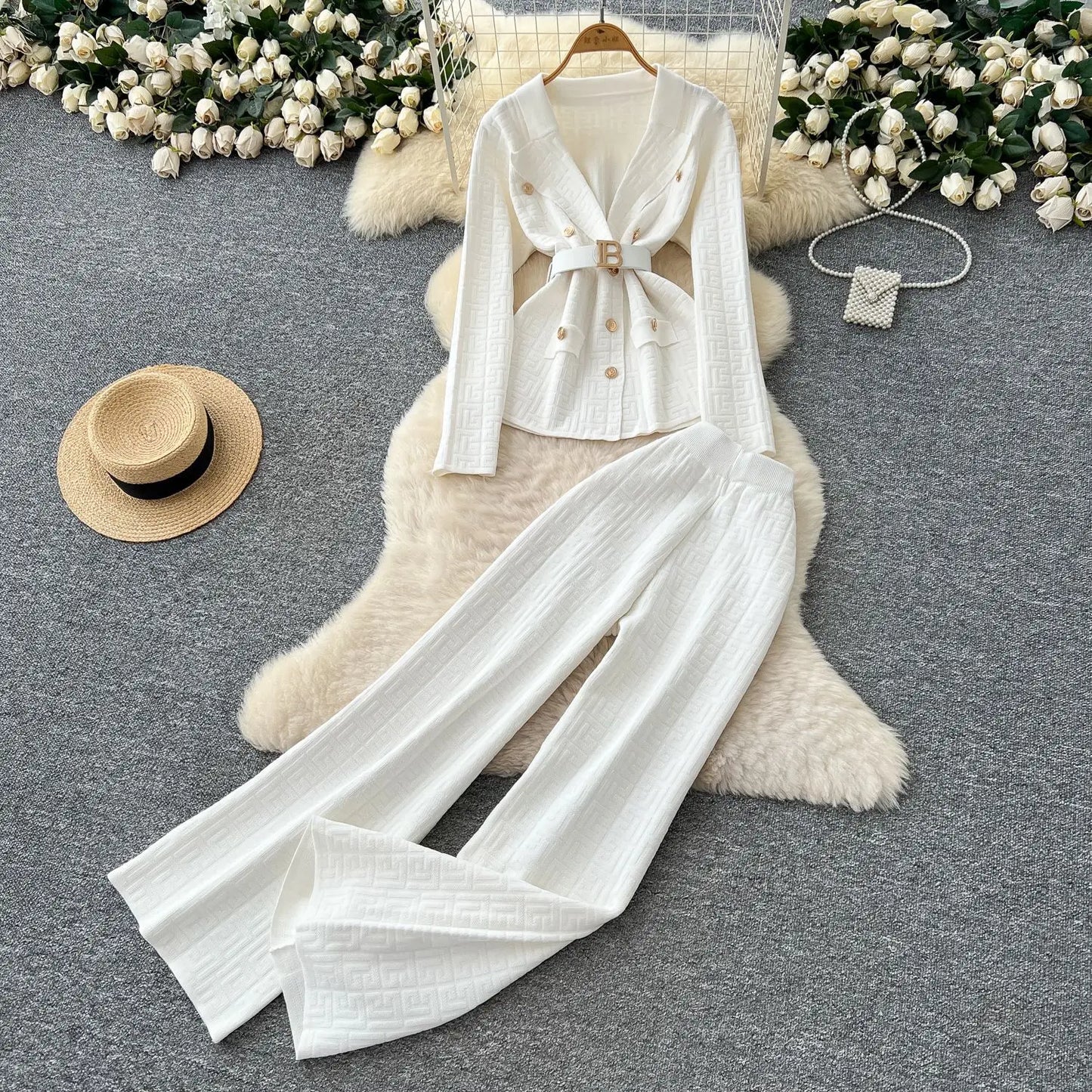 Pant Set Women Two Piece Sets Turn Down Collar Full Sleeve Tops Wide Leg Long Pants High Elastic Waist Y2k Streetwear Elegant