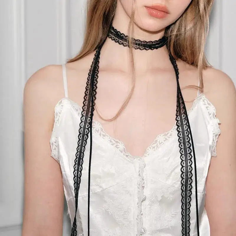 Elegant Long Rope Chain With Lace Ribbon Choker Necklace For Women Trendy Charms Ladies New Fashion Jewelry On Neck Decoration