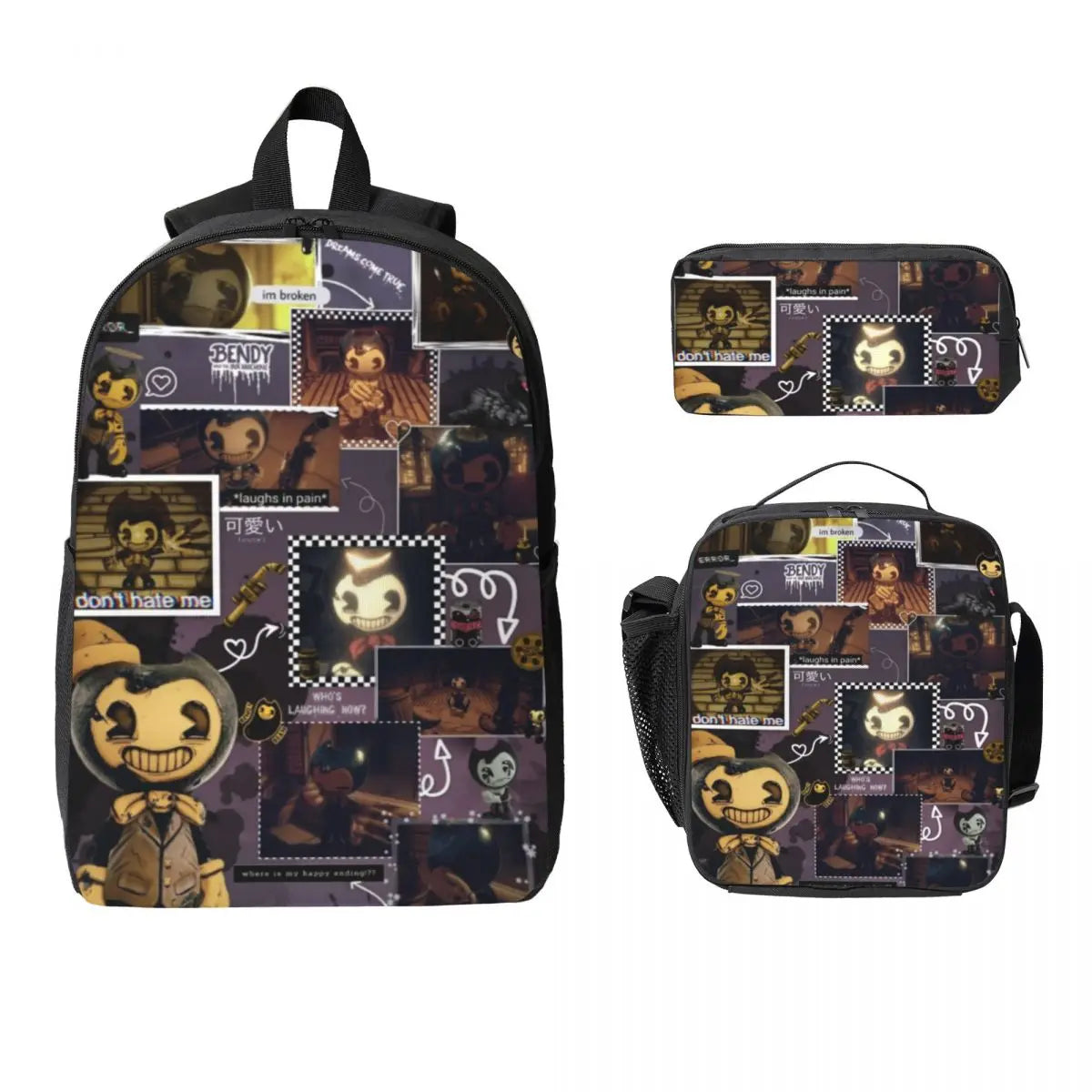 3Pcs Bendys And The Dark School bags Set for Boy Girl Pen Bags Backpack Sets with Lunch Box For School Students Knapsack