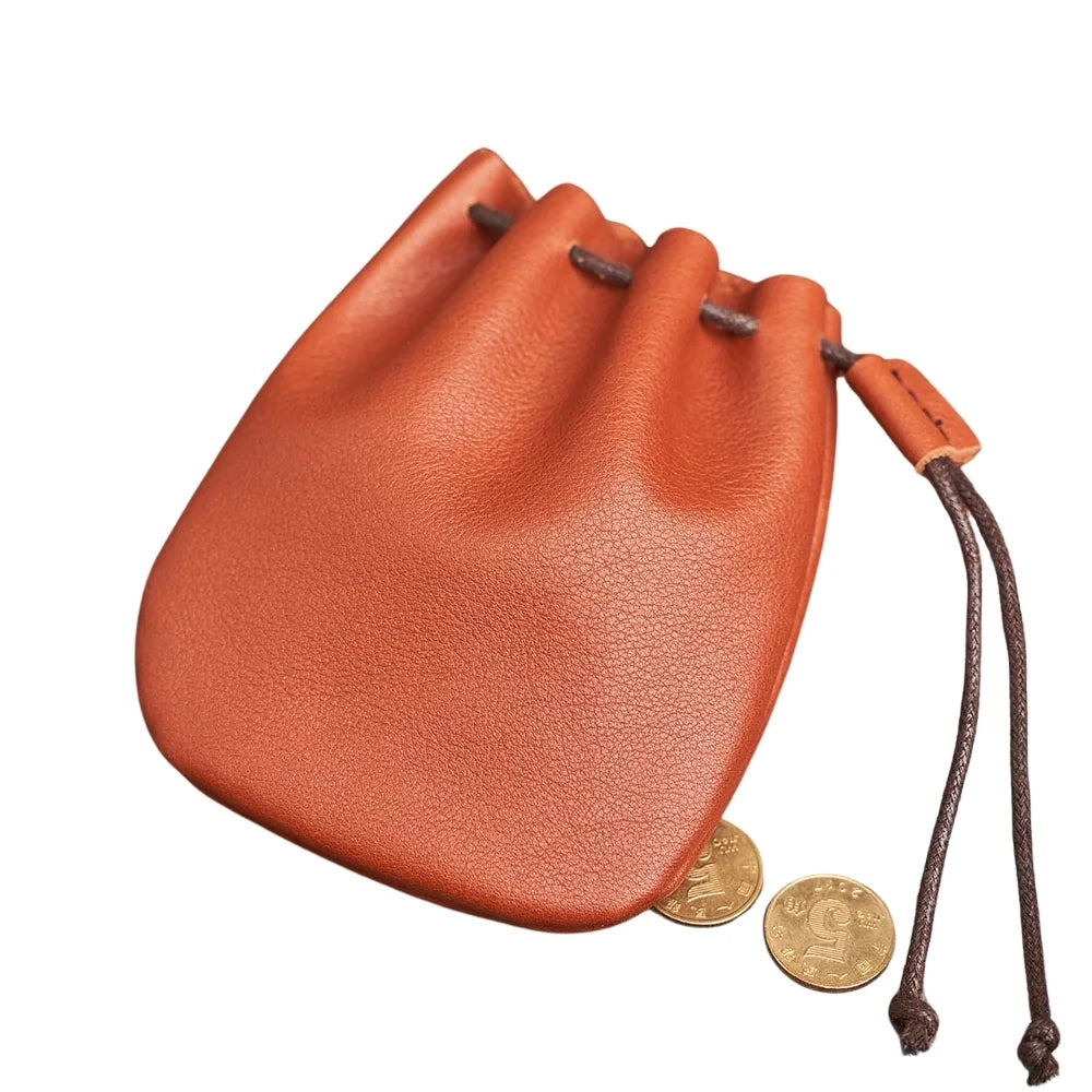 Genuine Leather Coin Purse Men Women Vintage Small Coin Wallet Hard Leather Money Pocket Drawstring Storage Bag