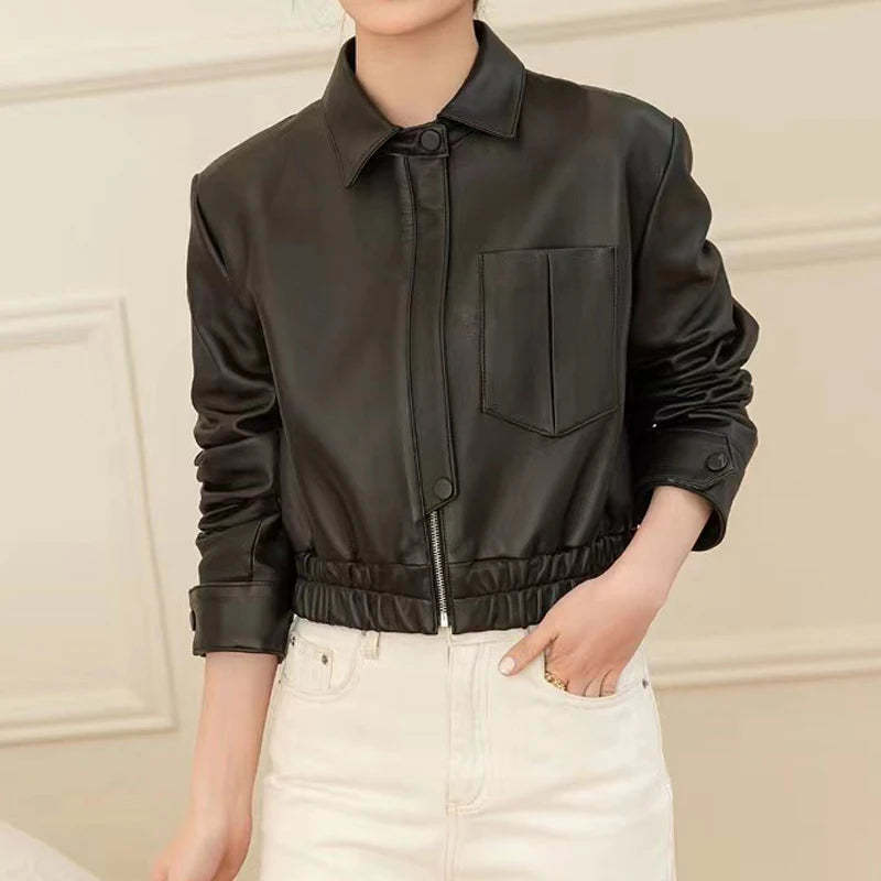 European 2025 New Fashion Short Leather Jacket For Women Casual Elastic Band Waist Top Clothing Mujer Varsity Claret Veste