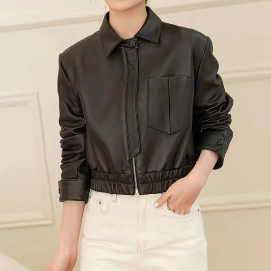 European 2025 New Fashion Short Leather Jacket For Women Casual Elastic Band Waist Top Clothing Mujer Varsity Claret Veste