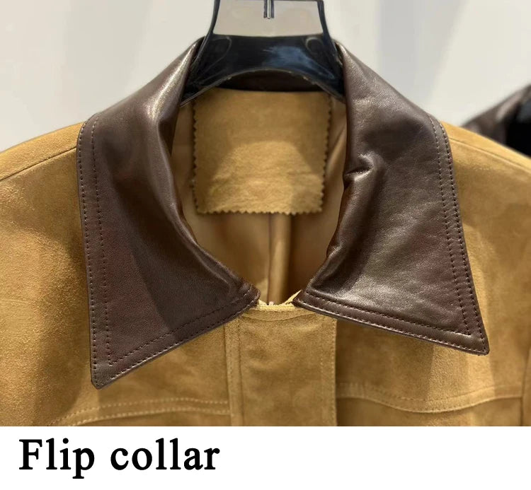 European Imported Suede Jacket Women 2025 Autumn Winter Branded New Contrasting Leather Coat Navy Blue Short Locomotive Casacos