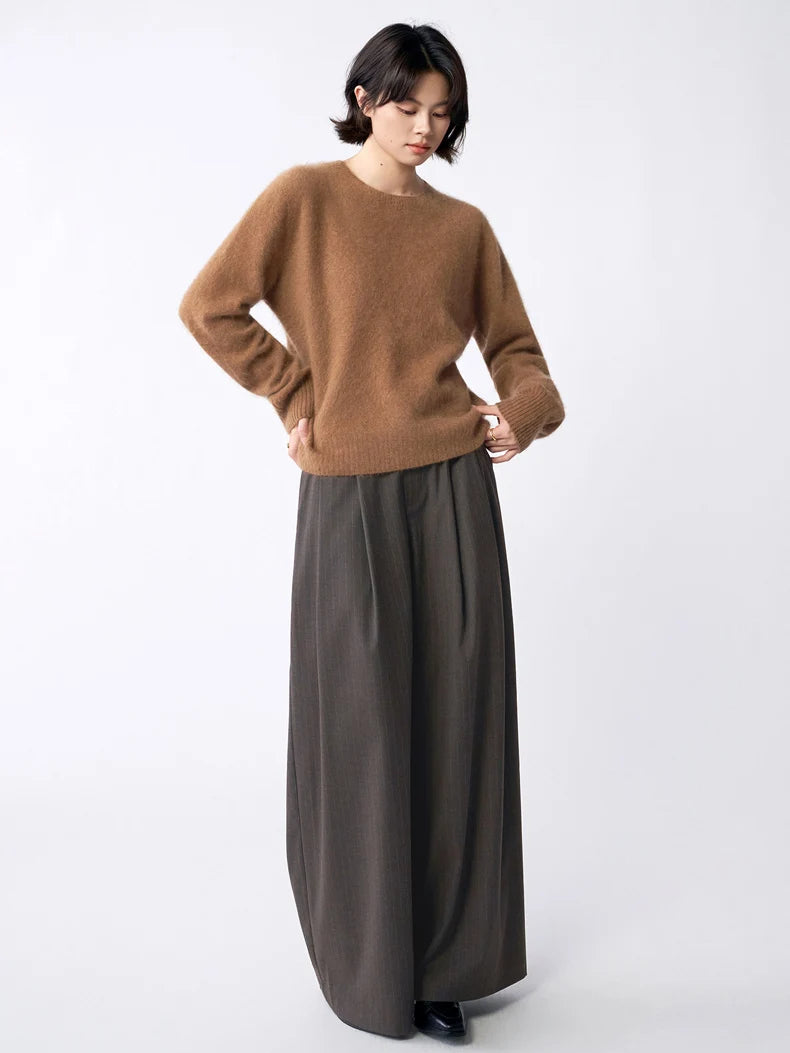 SuyaDream, Women Fleece Pullovers, V Neck, 3.8%Cashmere 96.2%Wool, Chic Warm Sweaters, 2025 Fall Winter Solid Top, Camel, Olive