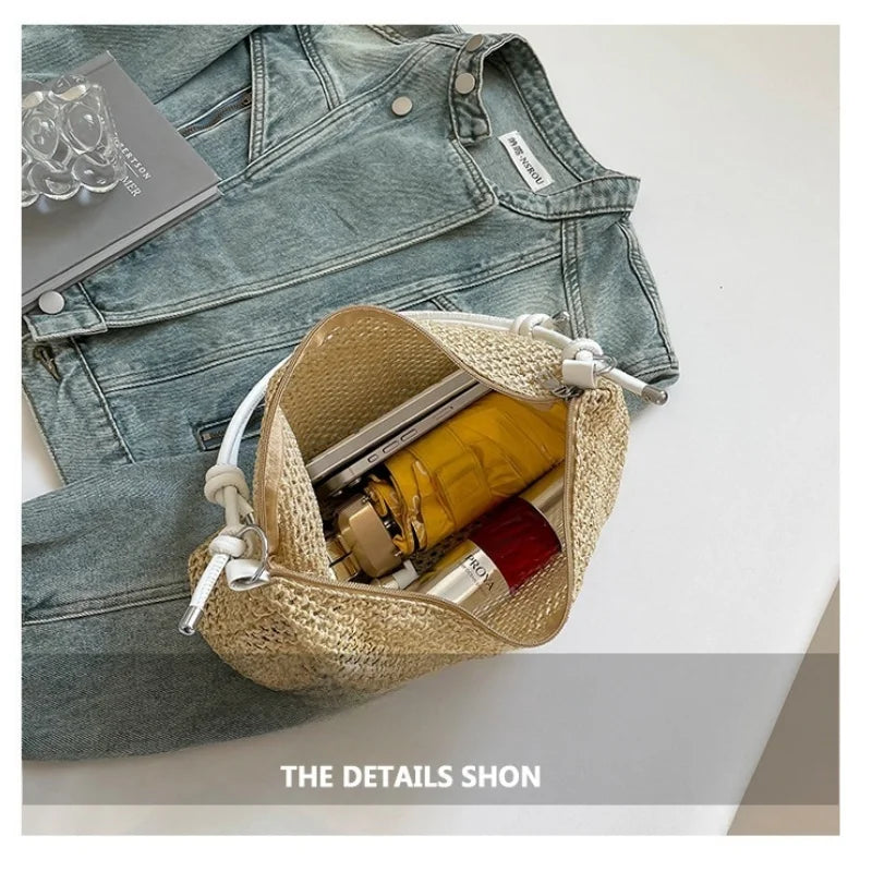 Women Woven Bag Summer Beach Holiday Handbag Portable Tote Bag Fashion Casual Big Capacity Leather Rope Women Shoulder Bags
