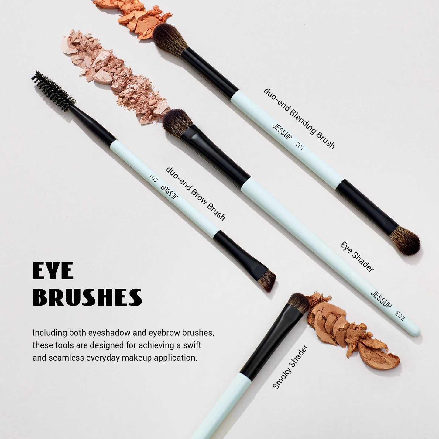Jessup Double-Ended Makeup Brushes 6pcs, Vegan Fiber, Daily Use, Bright Cyan