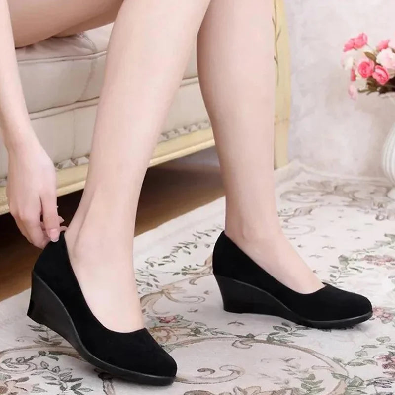 Women's 5cm Wedge Heels Workwear Ceremonial Cloth Shoes Black PU Office Ladies Spring Slip on Oxford Shoes Shallow Mouth Shoes
