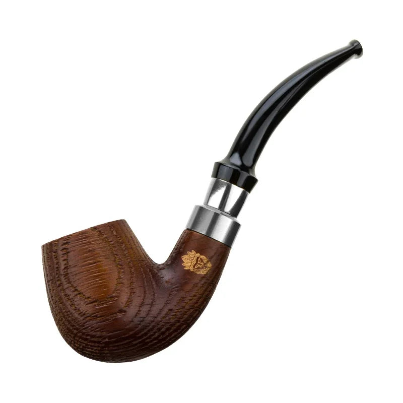 Oak Wood Sandblasted Tobacco Pipe with Gold Silver Band 9mm Filter Straight Bent Smoking Pipe for Men Gift Accessories