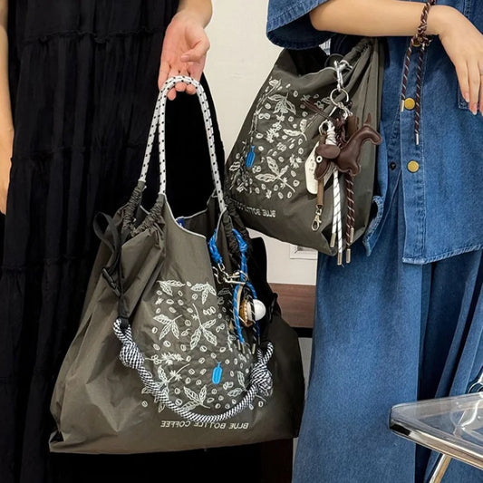 Ladies' tote bag, new nylon embroidered shopping bag, large-capacity single-shoulder bag, hand-held bag, casual style, lightweig