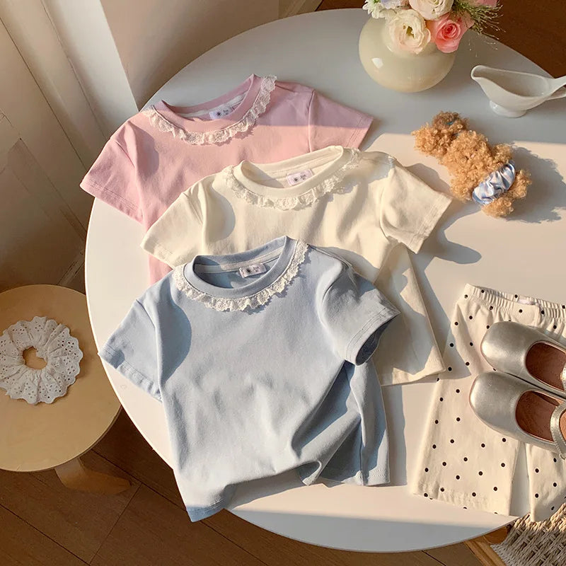 Summer Girls Lace T-shirt Kids Loose Casual Solid Color Short Sleeves Crewneck Tops Baby Girl Cotton Tees Kids Clothes 1-6Years