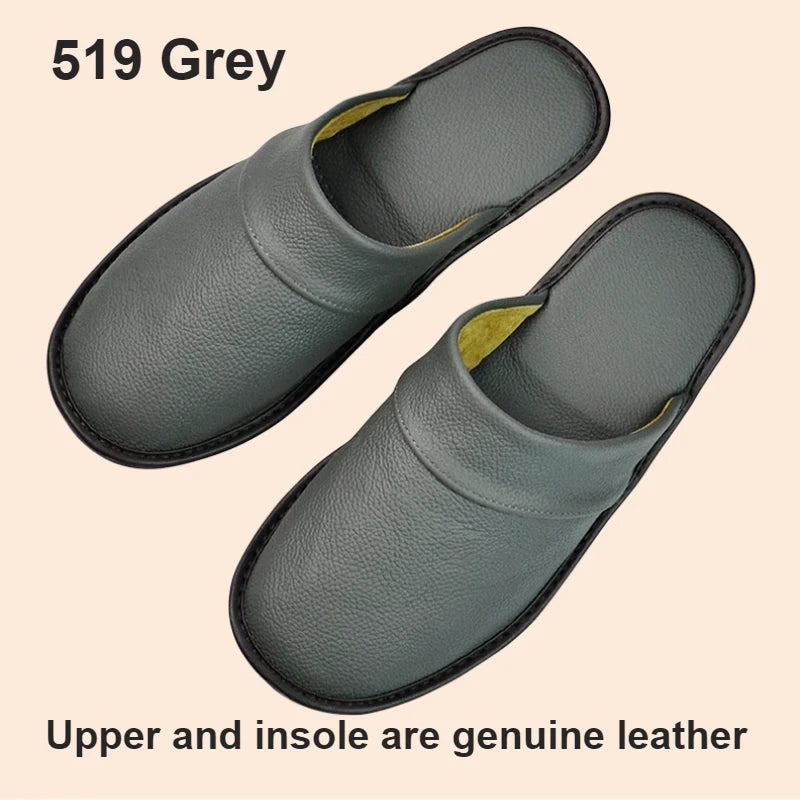 Genuine Cow Leather Slippers Homes in indoor slipper Spring Autumn summer men women elderly non-slip casual single Slides shoes