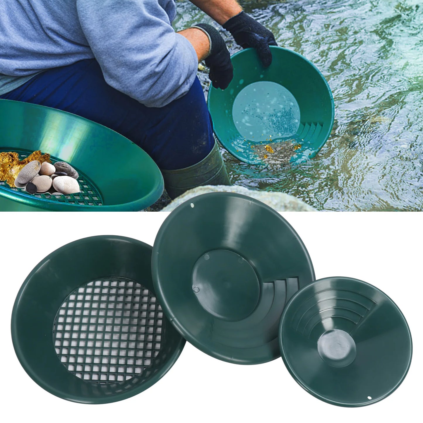 Gold Panning Pan ABS Plastic 90 Degree Rifling Design Round Gold Pan Kit Lightweight Green for Mineral Extraction