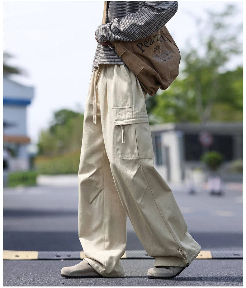 Men's work pants  black straight tube loose paratrooper pants  spring and autumn men's pants  wide leg 2025 new casual pants