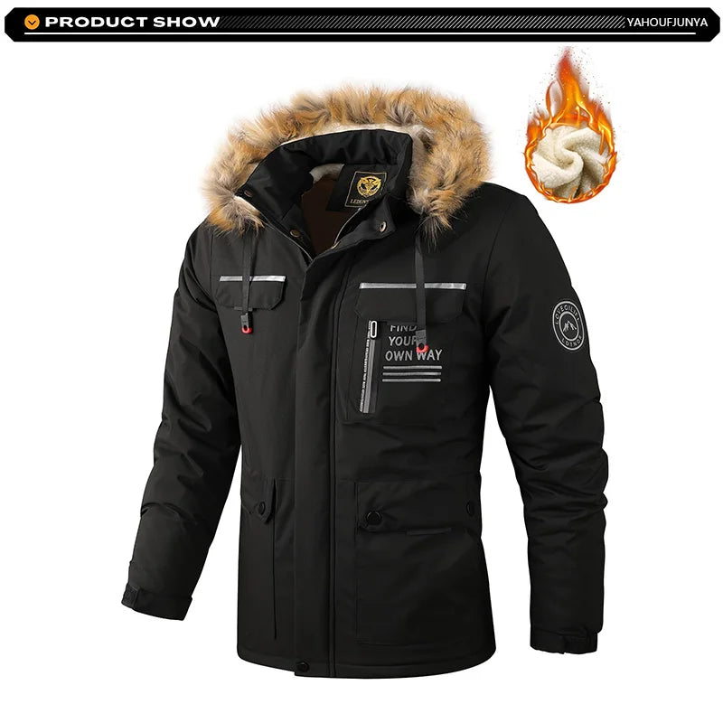 2026Winter Men Outwear Fleece Warm Removable Hooded Hiking Jacket Men Outdoor Windproof Casual Fashion Jacket Coat Male Clothing