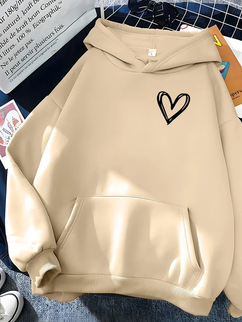 Hirsionsan Simplic Heart Print Women Sweatshirt Soft Casual Loose Vintage Female Hoodies 2025 Winter Warm Fleece Student Tops