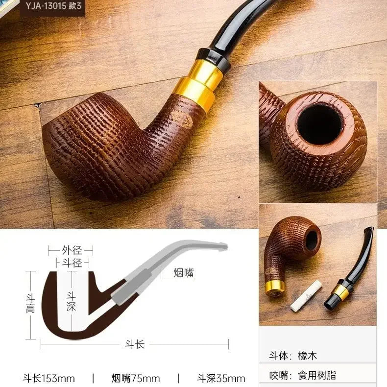 Oak Wood Sandblasted Tobacco Pipe with Gold Silver Band 9mm Filter Straight Bent Smoking Pipe for Men Gift Accessories