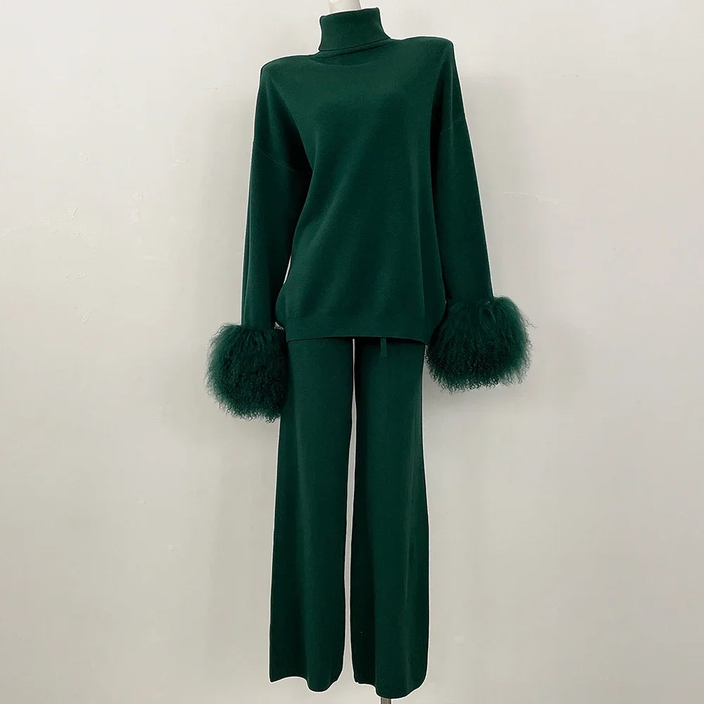 Knitwear Woman Wool & Blend Knitted Pullover and Pants Real Mongolian Sheep Fur Cuffs Sweater Set Real Fur Knitted Suit 2026 New
