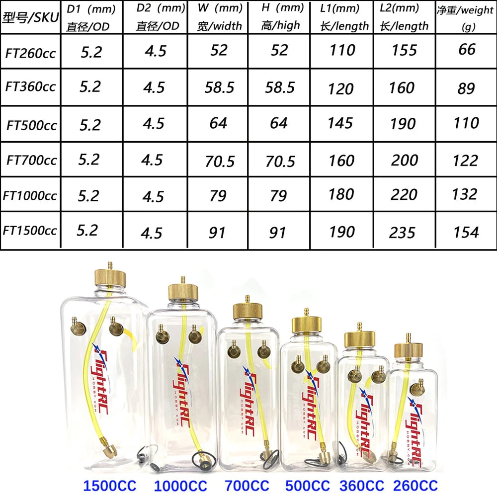 RC Fuel Tank Transparent Plastic Bottle 260/360/500/700/1000/1500 ML/CC CNC Aluminum Alloy for Gas and Nitro Airplane Model