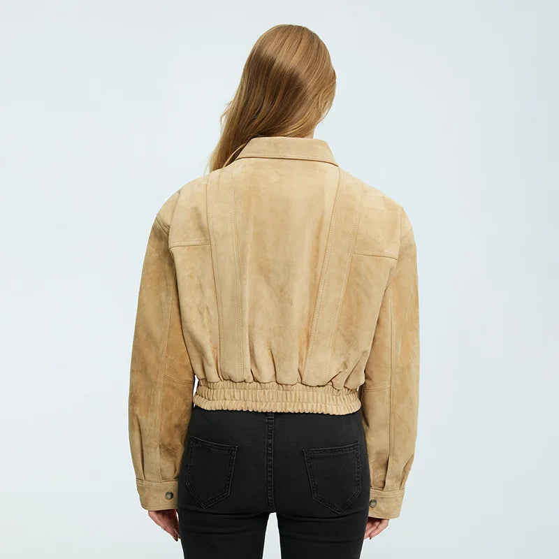2025A Lady's Fashion Real Suede Jacket Genuine Goatskin Suede Bomber Jacket Oversize Leather Coat Women's Suit
