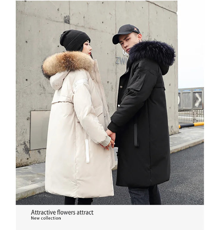 New Winter Down Jacket Men's Couple Fashion Big Fur Collar Medium and Long Youth Pie To Overcome Warmth and Thickening Tide