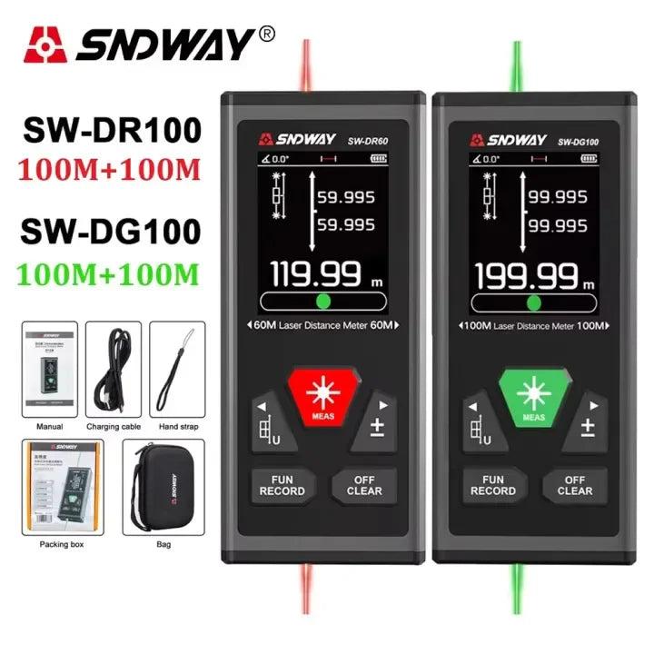 SNDWAY SW-DR60 Dual Laser Distance Meter 60M 100M Bilateral Laser Rangefinder Laser Tape Measure Bidirectional Range Finder