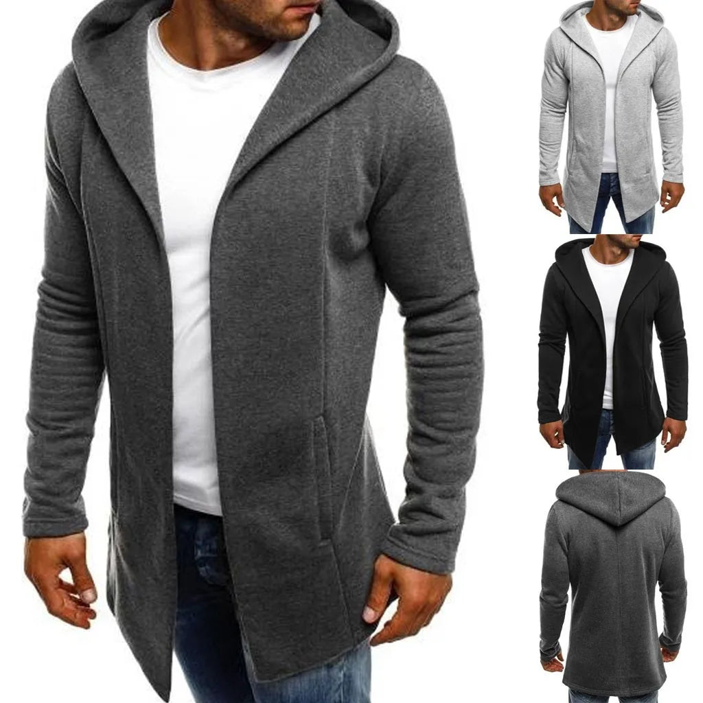 Men Splicing Solid Color Trench Coat Jacket Cardigan Hooded New Autumn Winter Fashion Trend Brand Long Hoodies Roupa Masculina