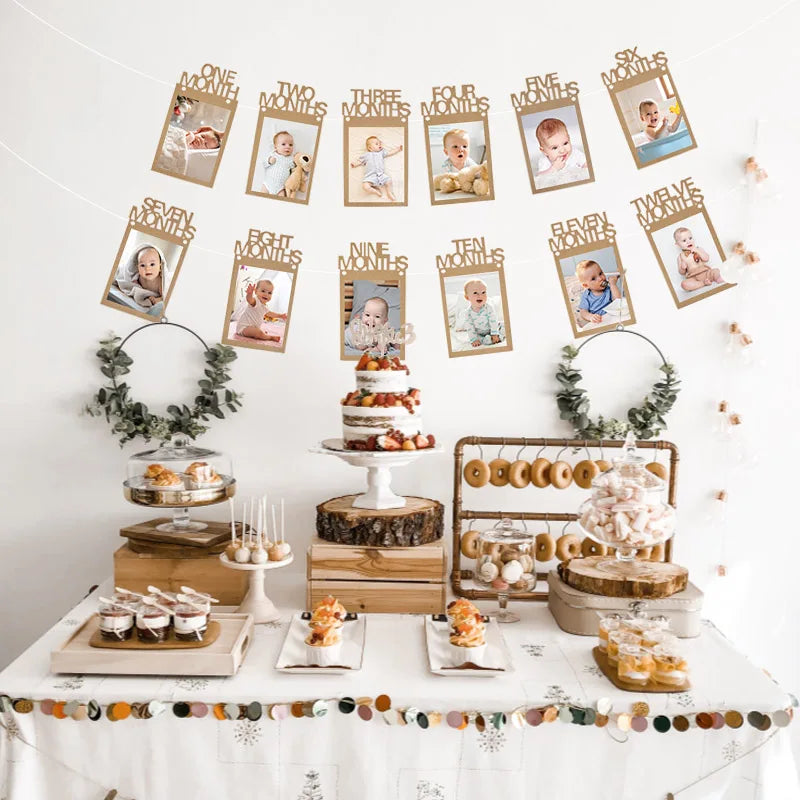 Birthday Baby One Year 12 Months Photo Banner Boy Girl 1 Year First Birthday Party Picture Photo Frame Garland Anniversary Decor