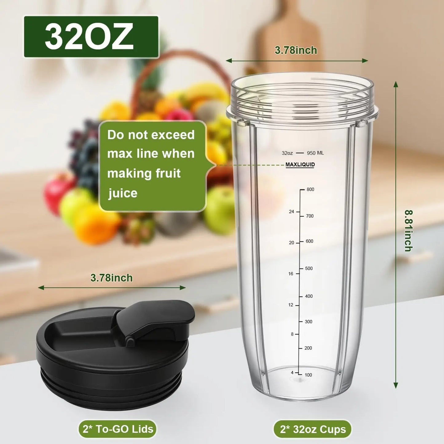 32OZ 2Pcs Cups with Lids Replacement Parts  for Ninja Blender For Ninja Auto IQ Blender BL450 BL480 BL642 BL680 BL490 BL640