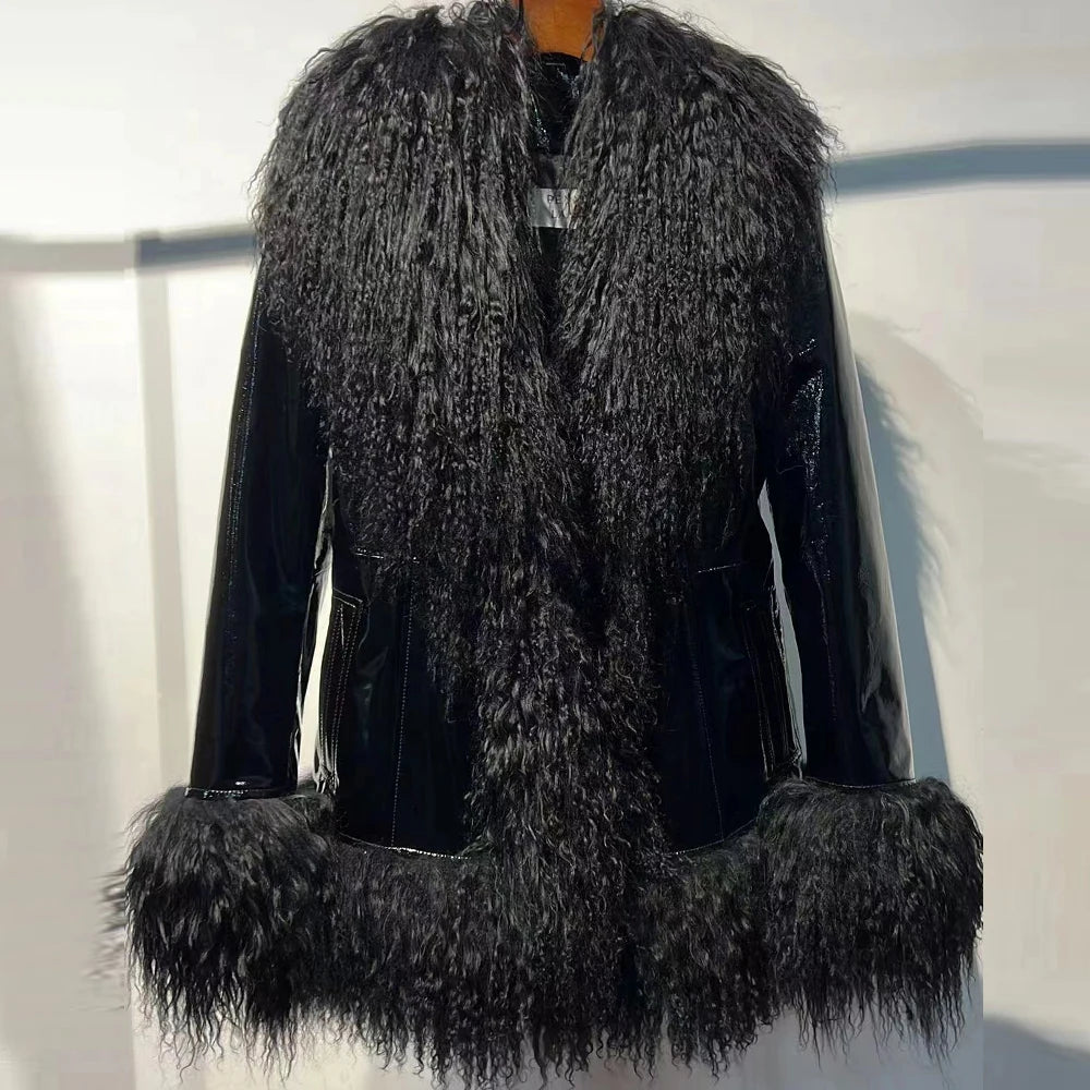 Sheep Collar Coats Women Winter Luxury Mongolian Fur Leather Jackets with Long Sleeve 7251