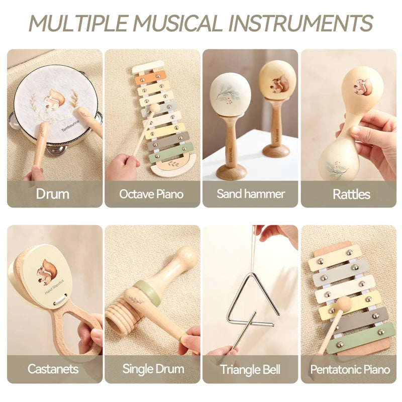 Musical Instruments Wooden Montessori Toys Xylophone, Rattle, Drum，Baby Music Enlightenment Educational Toys Kid Christmas Gifts