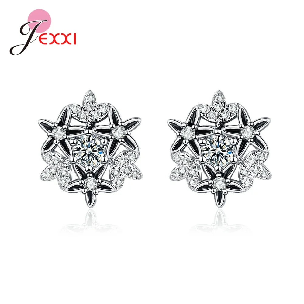 Sterling silver 925  Jewlery   New Cute Delicate Silver Plated Snowflake Stud Earrings For Women Shine CZ Stone