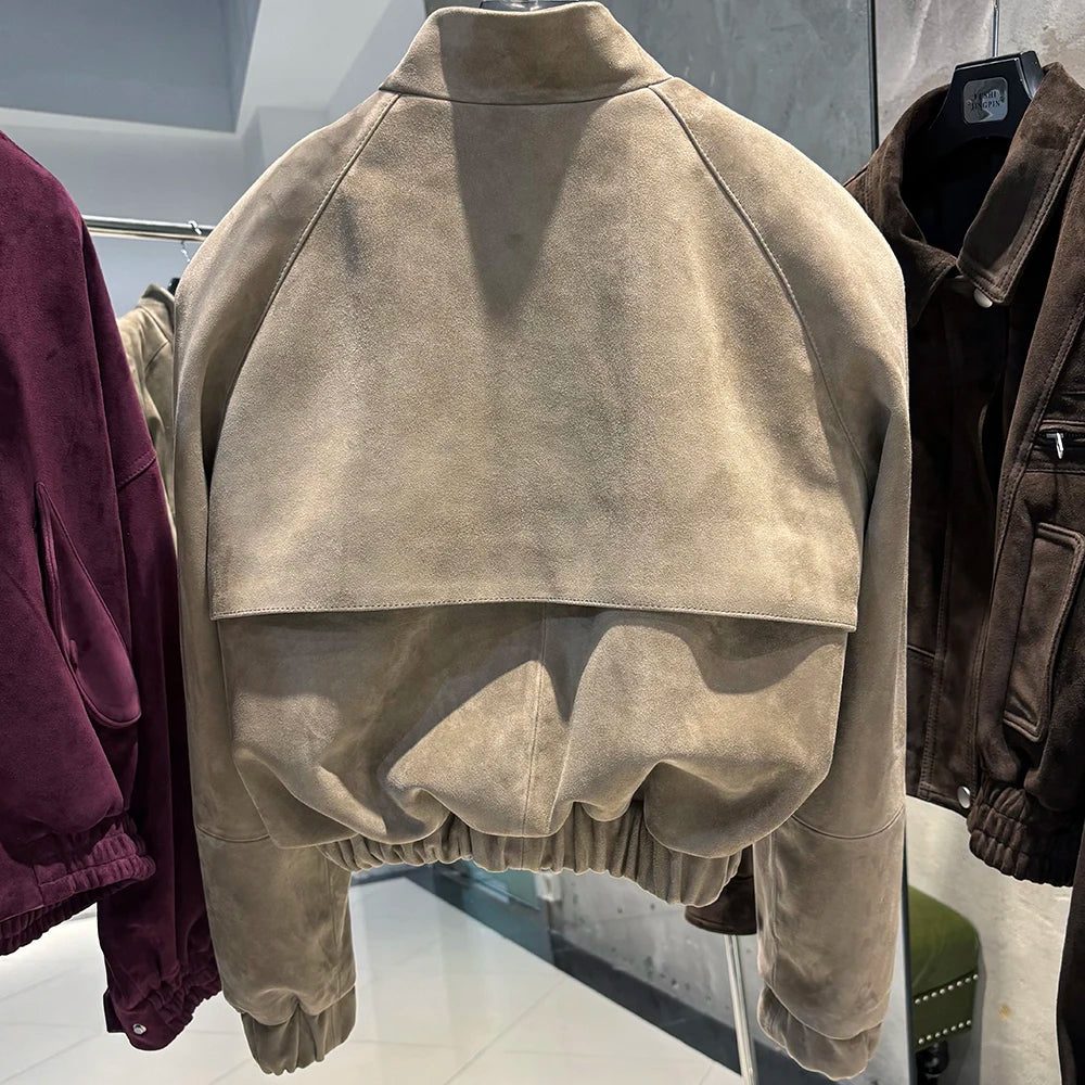 YOLOAgain Suede Leather Jacket Coat Women Real Leather Cropped Jacket Bomber Jacket 2025 Autumn